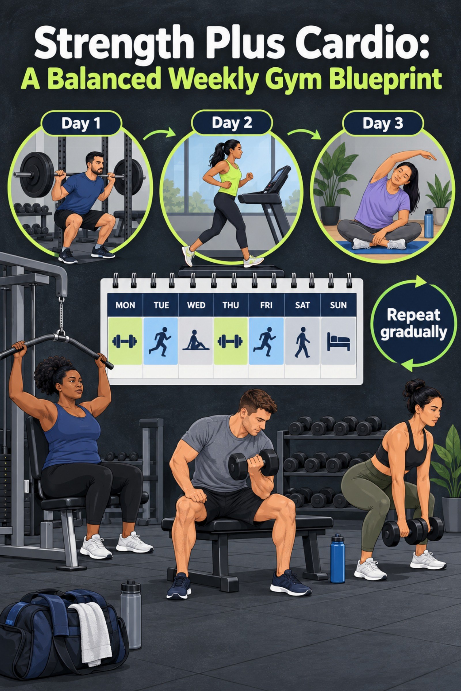 Weekly calendar beside diverse adults using machines, free weights, and a treadmill. The image supports Strength Plus Cardio: A Balanced Weekly Gym Blueprint.