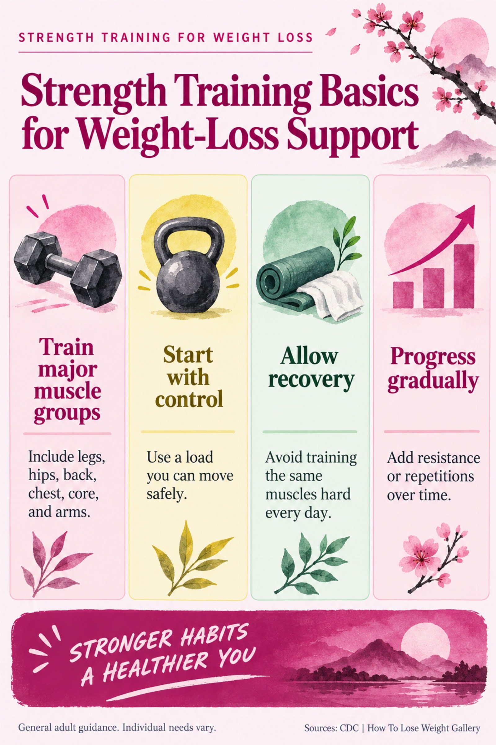 Colorful infographic titled Strength Training Basics for Weight-Loss Support with four illustrated tips for Strength Training for Weight Loss.