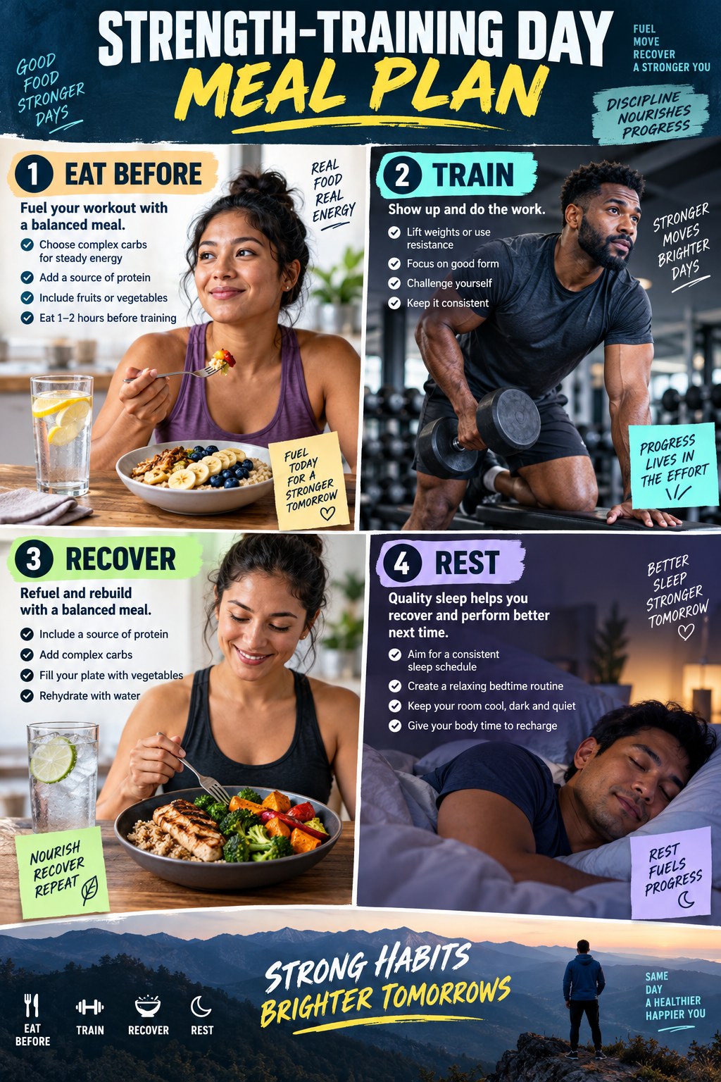 Portrait infographic showing a strength-training day meal plan with food before lifting, training, a balanced recovery meal, and sleep.