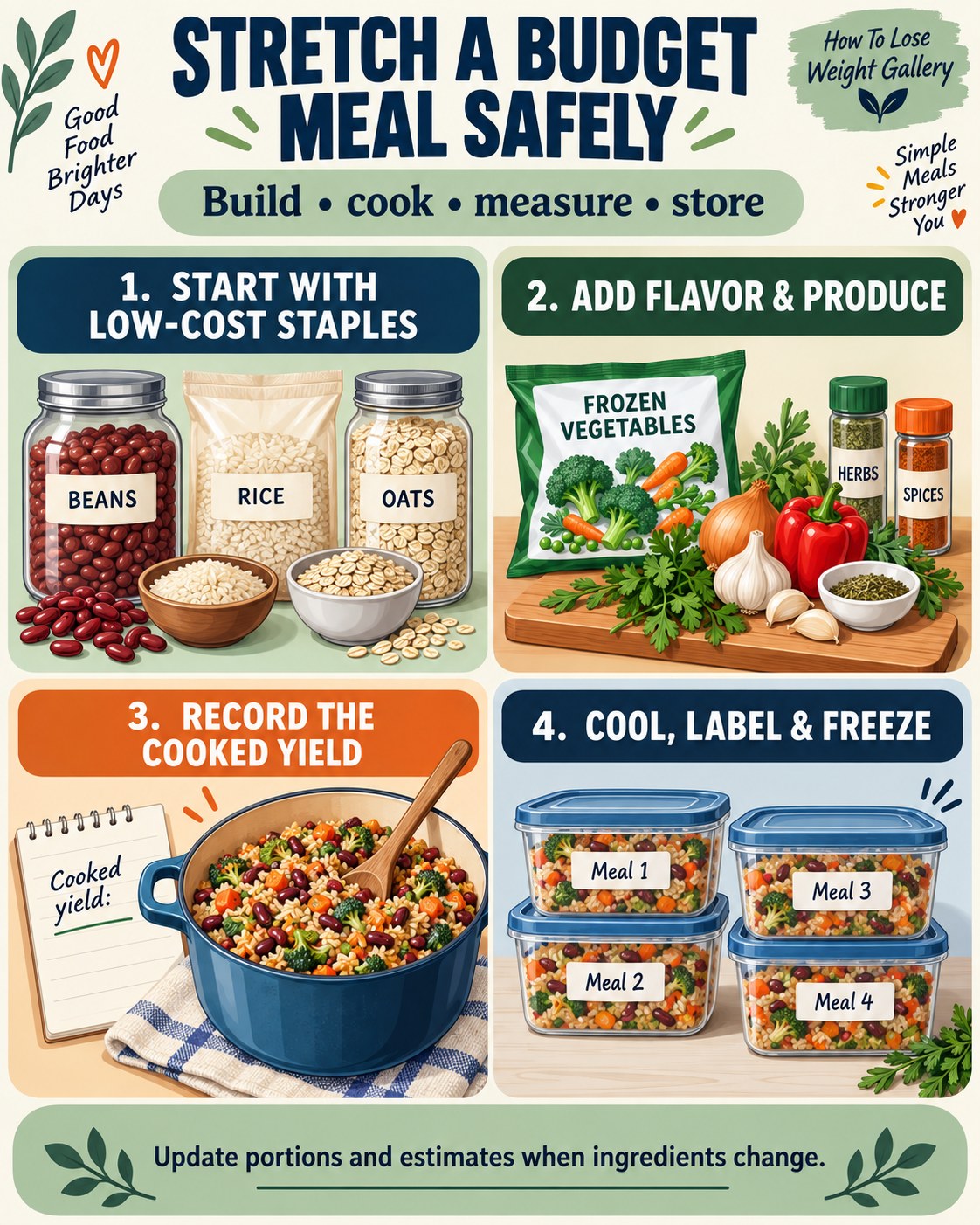 Budget meal infographic showing staples, vegetables and flavor, cooked-yield measurement, and labeled freezer containers