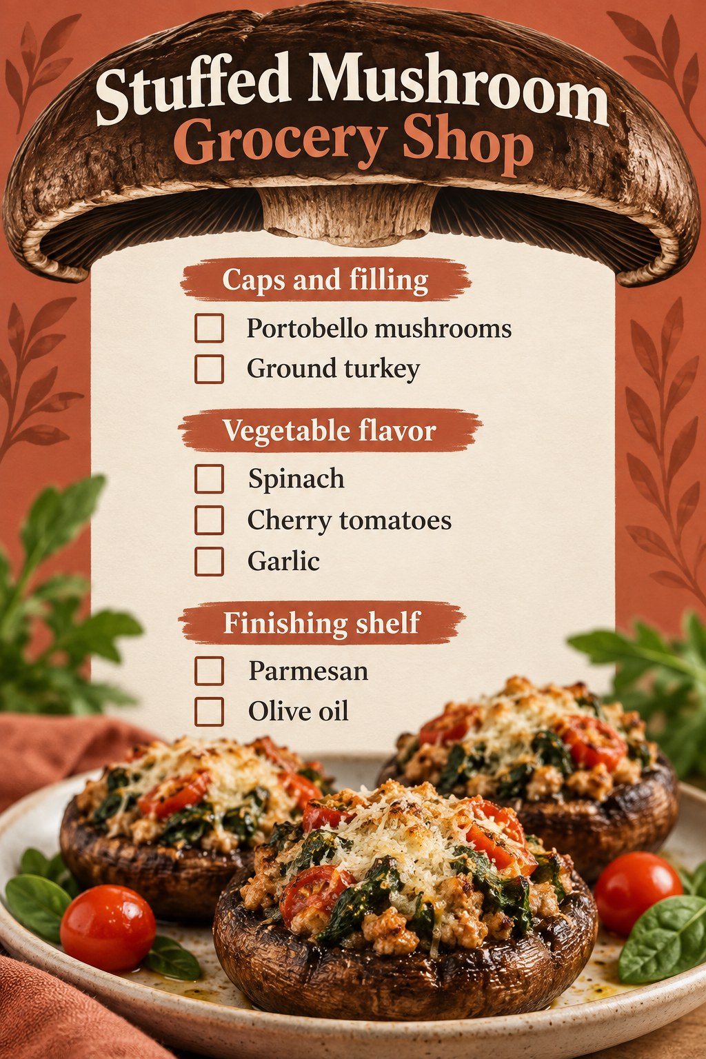 Terracotta mushroom-cap grocery graphic listing portobellos, turkey, spinach, cherry tomatoes, garlic, Parmesan and olive oil.