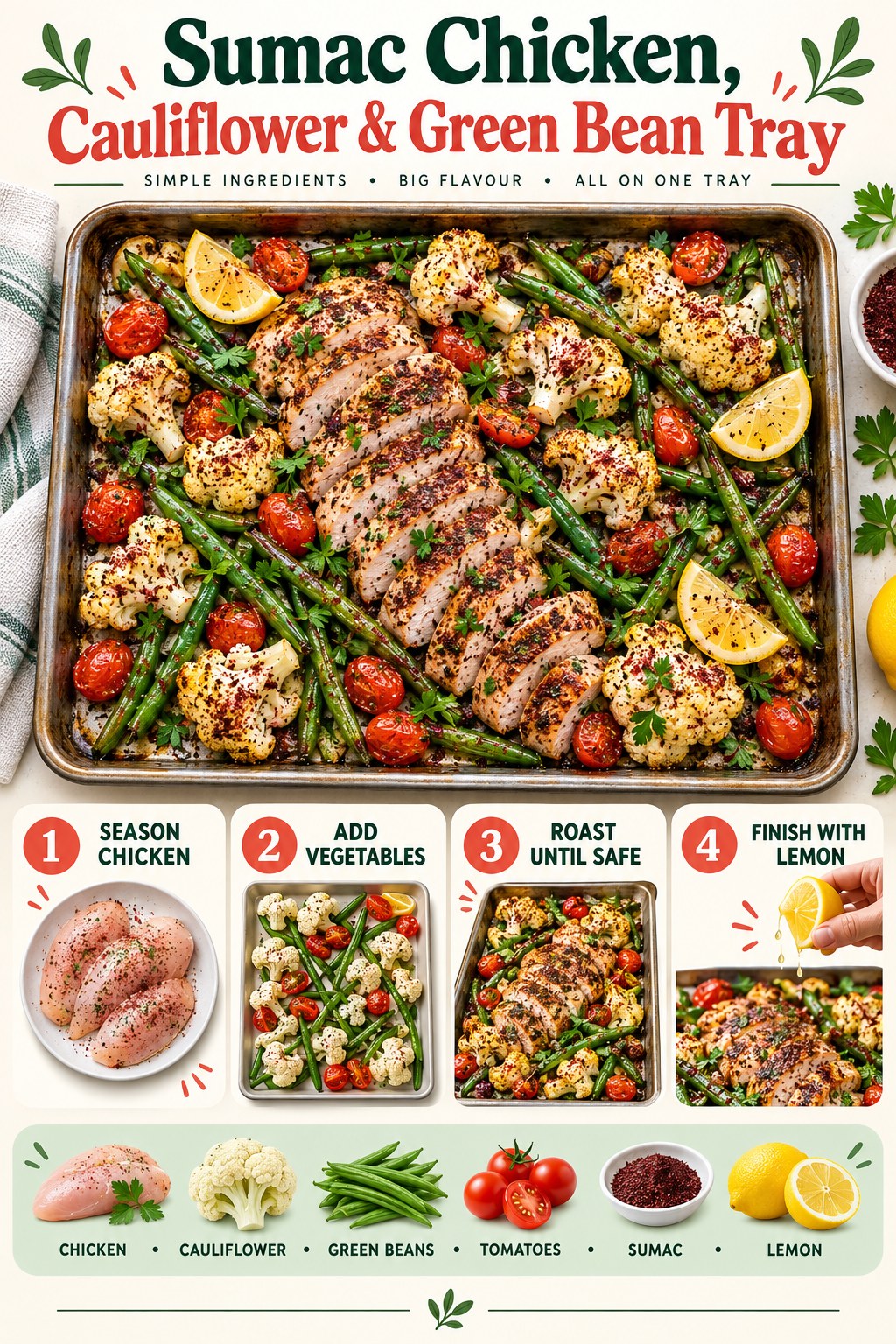 Sumac chicken tray with cauliflower, green beans, tomatoes, lemon wedges, and parsley.