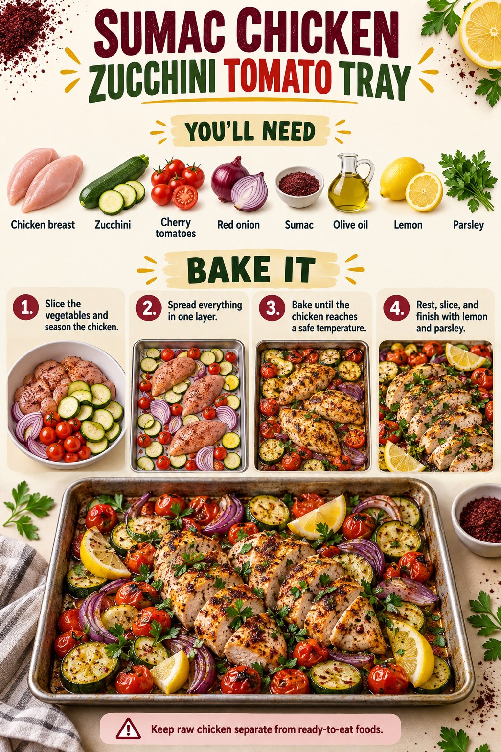 Sumac chicken tray with zucchini, cherry tomatoes, red onion, lemon wedges, and parsley.