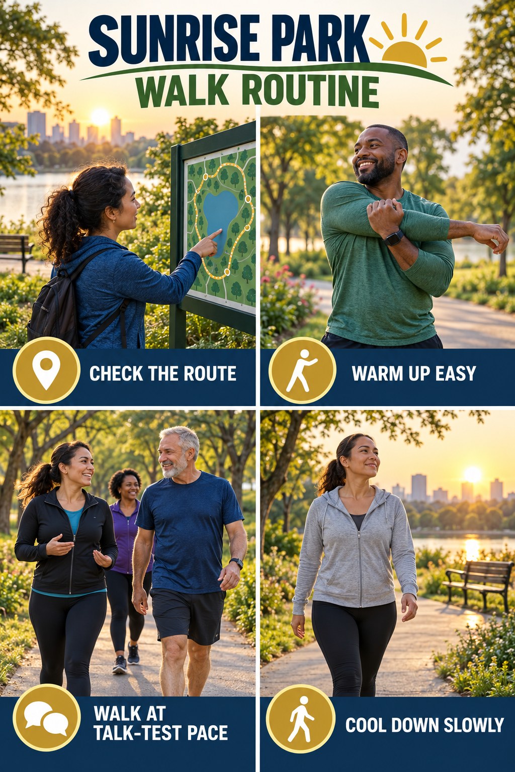 Sunrise park walk infographic showing route checking, an easy warm-up, talk-test walking pace, and a slow cooldown.