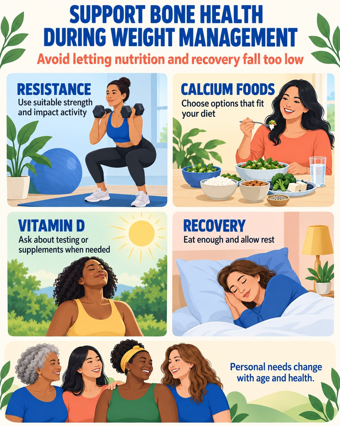 Cobalt, coral, green, gold, and cream infographic showing resistance activity, calcium foods, vitamin D planning, and recovery for bone health.