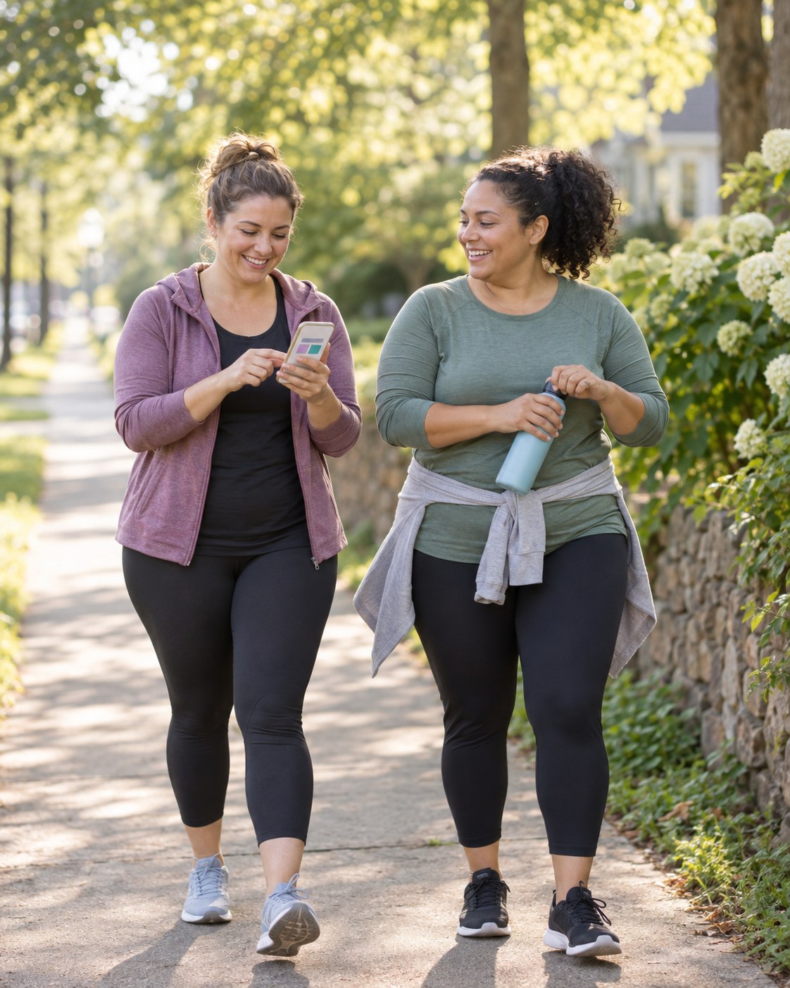 Two friends checking a phone calendar before a relaxed neighborhood walk