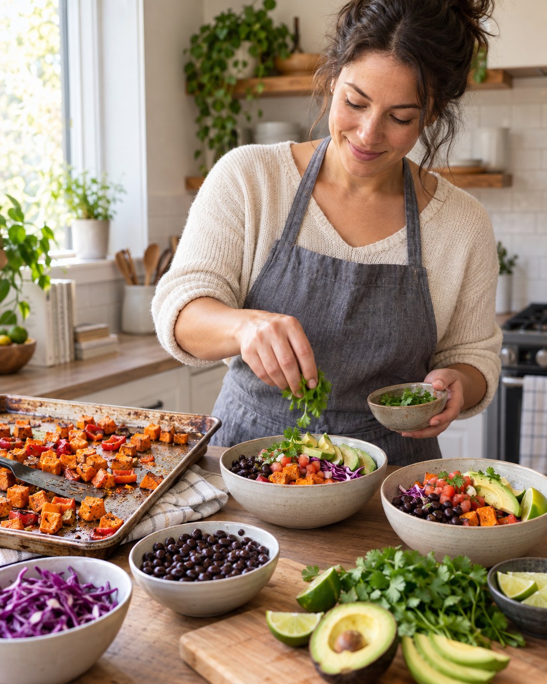 Woman assembling sweet potato and black bean taco bowls with vegetables and avocado
