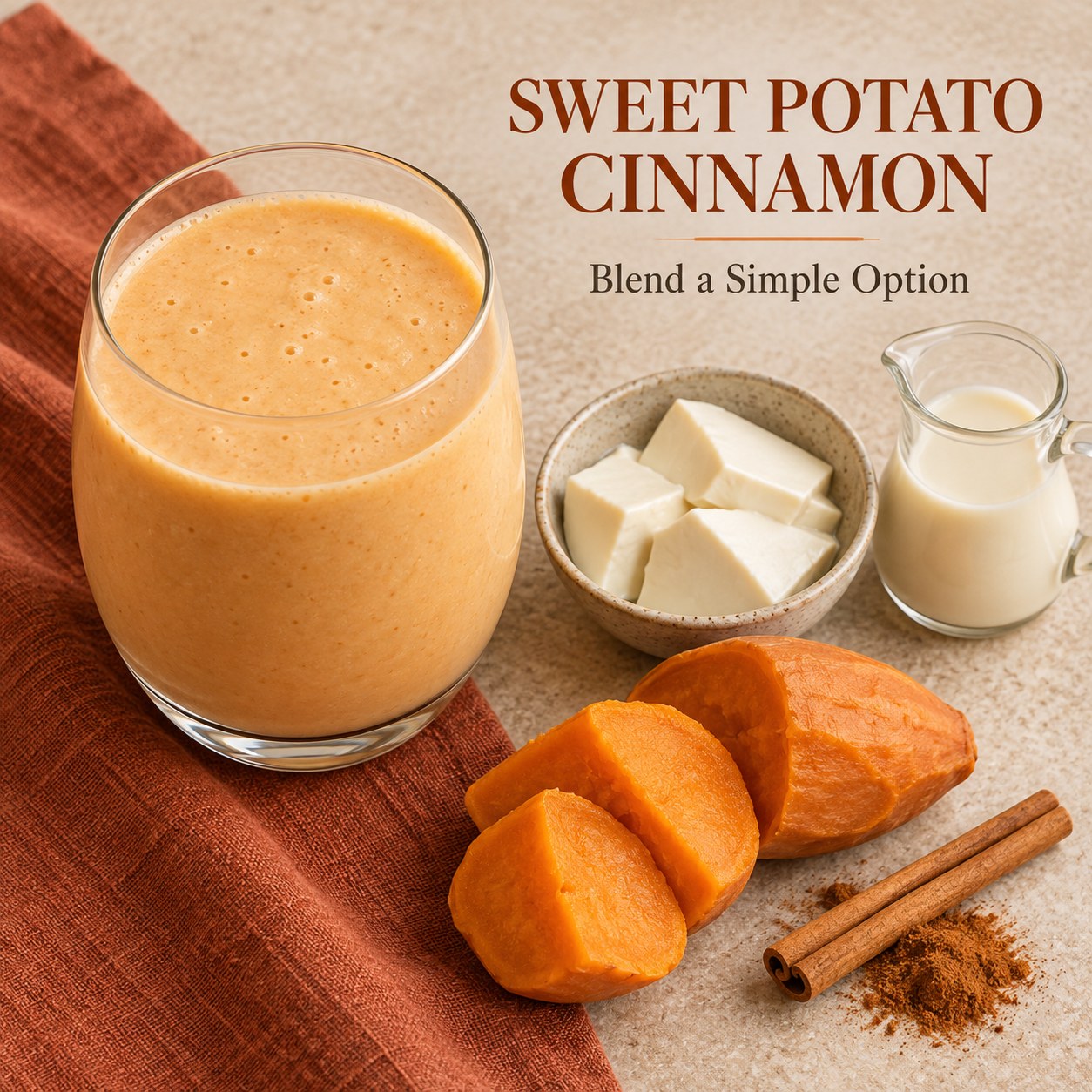 Pale orange sweet potato smoothie beside cooked sweet potato and silken tofu, with Sweet Potato Cinnamon and Blend a Simple Option text.