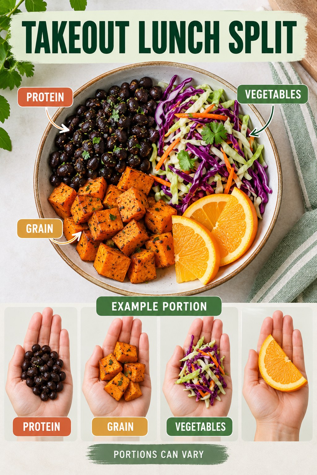 Takeout Lunch Split visual using black beans, sweet potato, cabbage, and orange as flexible example portions for Healthy Lunch Recipes.