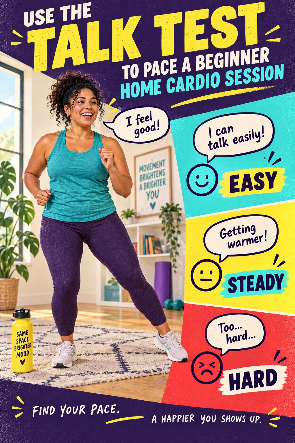 Adult doing low-impact step-touches beside an easy, steady, and hard talk-test effort guide.