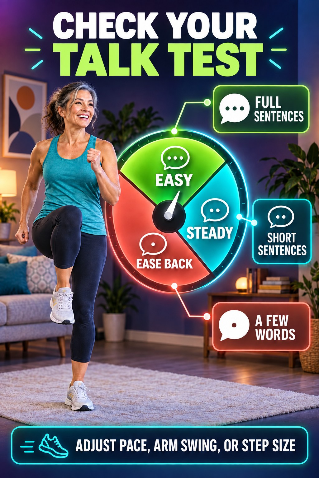 Adult marching beside a neon talk-test dial labeled easy, steady, and ease back with three speech cues.