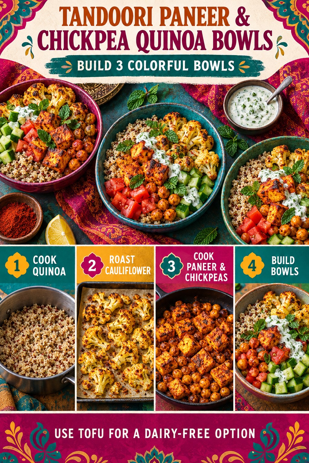 Portrait infographic showing three quinoa bowls with tandoori paneer, chickpeas, roasted cauliflower, cucumber, tomato, mint, and herb sauce.