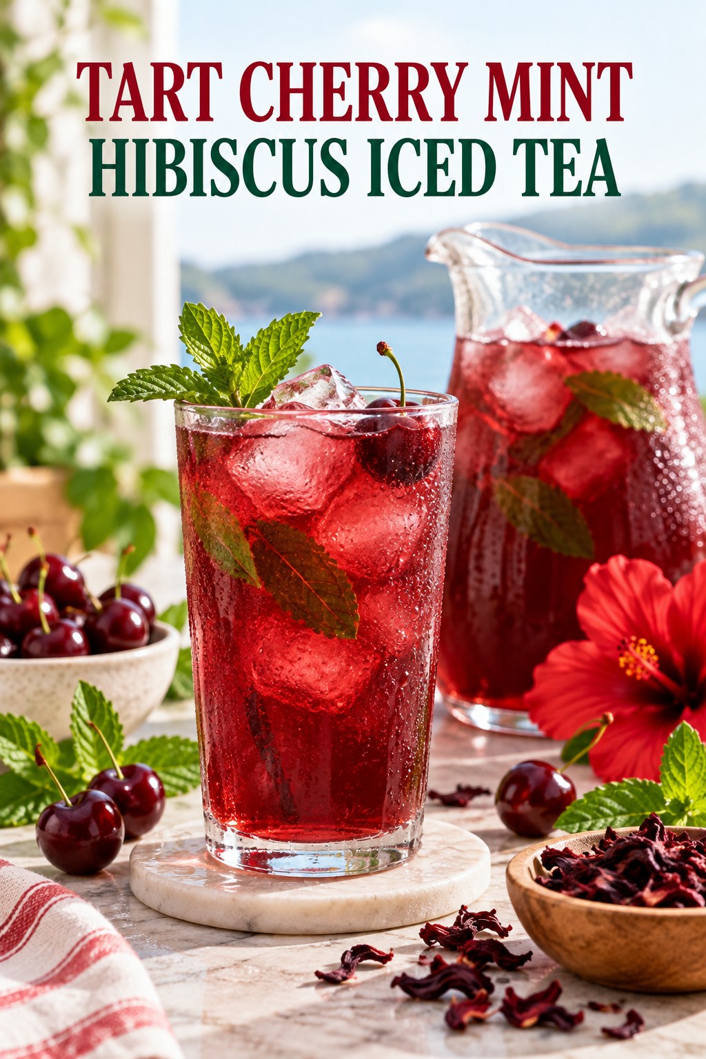Portrait drink scene with tart cherry, fresh mint, ice, and a chilled glass of hibiscus iced tea.