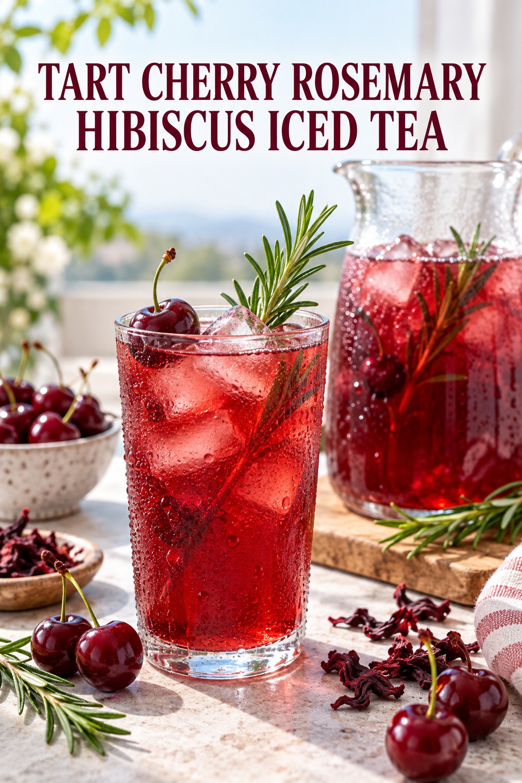 Portrait drink scene with tart cherry, fresh rosemary, ice, and a chilled glass of hibiscus iced tea.