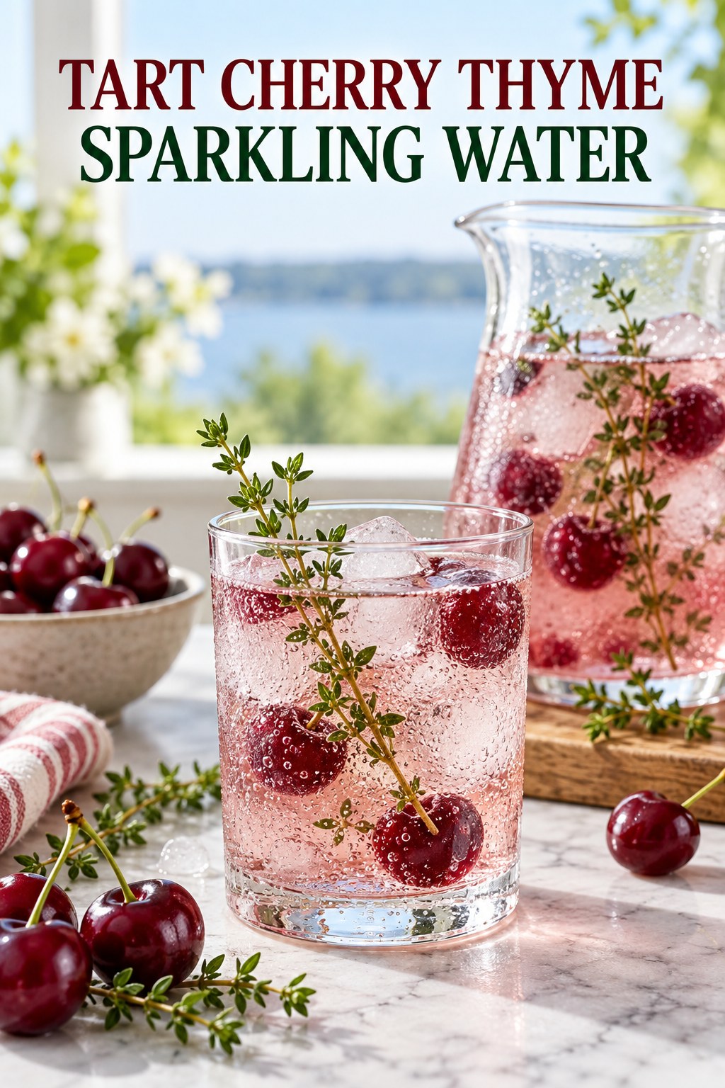 Portrait drink scene with tart cherry, fresh thyme, ice, and a chilled glass of sparkling water.