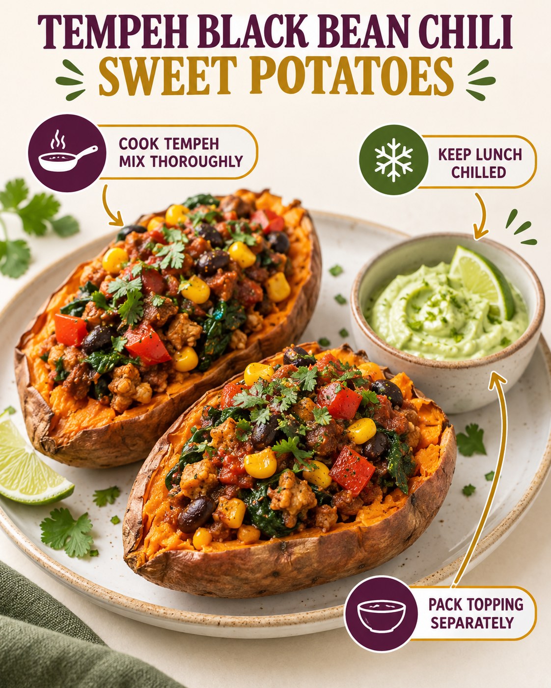 Two baked sweet potatoes filled with cooked tempeh black bean chili, corn, tomato, pepper, spinach, and separate avocado-lime yogurt