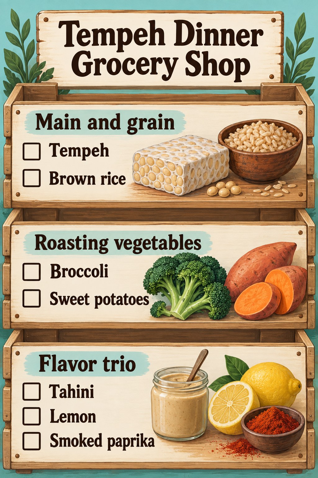 Turquoise market-crate grocery list with tempeh, brown rice, broccoli, sweet potatoes, tahini, lemon and paprika.