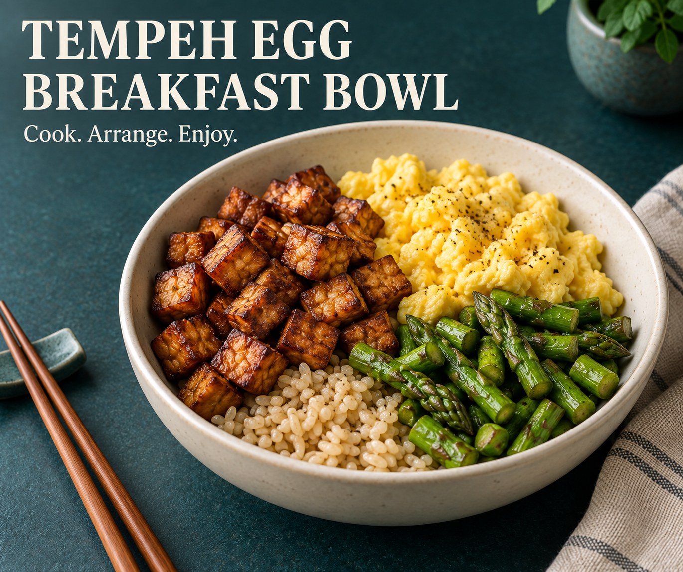 A breakfast bowl with browned tempeh, cooked scrambled eggs, asparagus, and brown rice beside the words Tempeh Egg Breakfast Bowl.