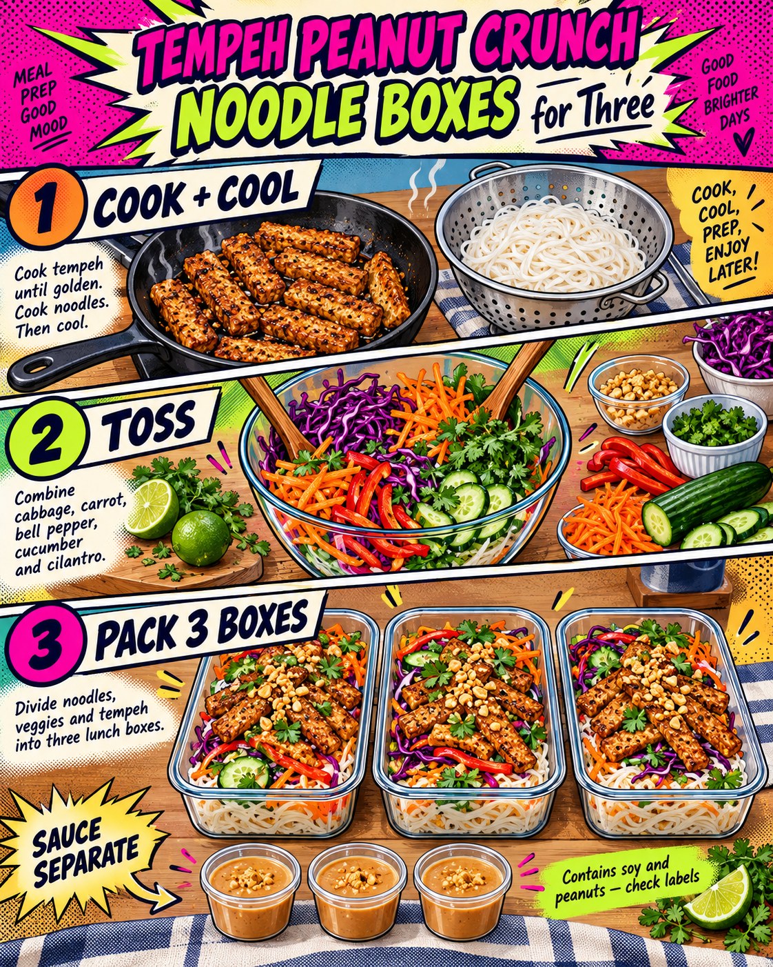 Comic infographic showing tempeh, noodles, vegetables, three lunch boxes, three sauce cups, and a soy-peanut allergen note.