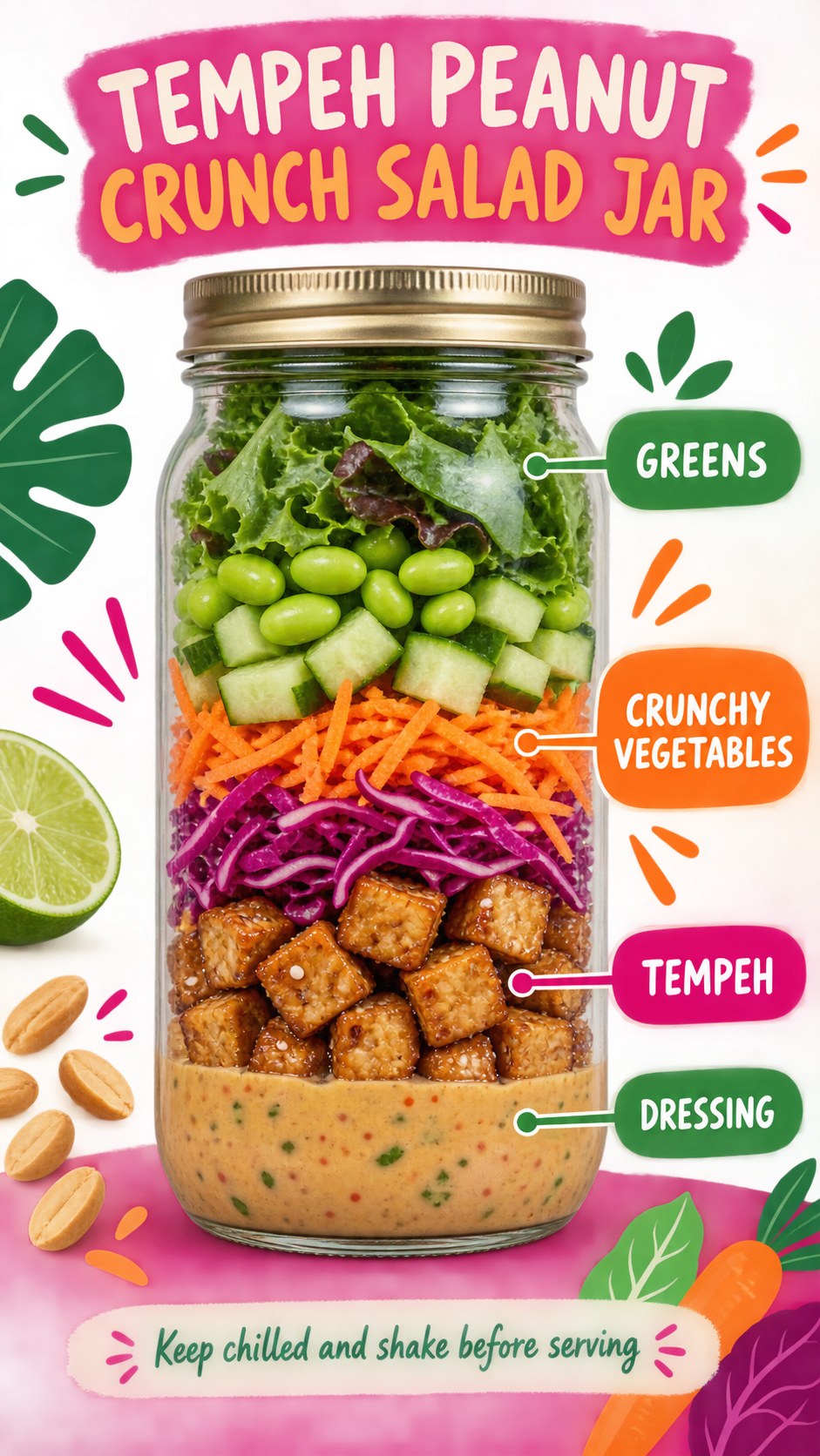 Magenta and green infographic showing a layered jar with peanut dressing, tempeh, cabbage, carrots, cucumber, edamame, and greens