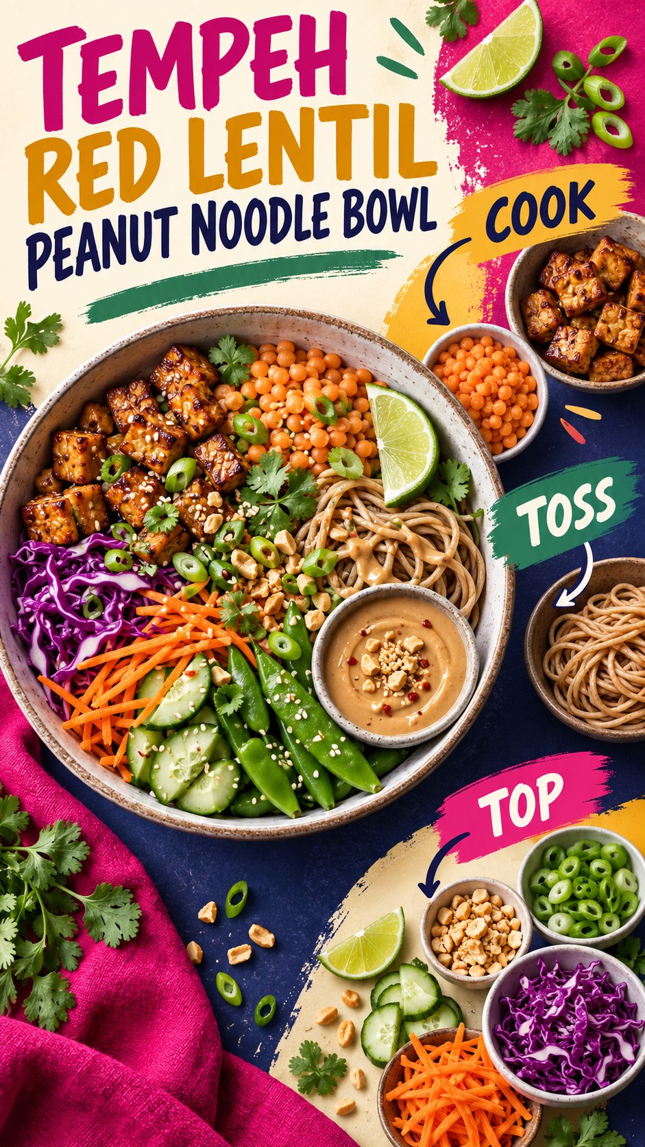 Bowl with cooked tempeh, red lentils, whole-grain noodles, cabbage, carrots, snap peas, cucumber, and peanut sauce