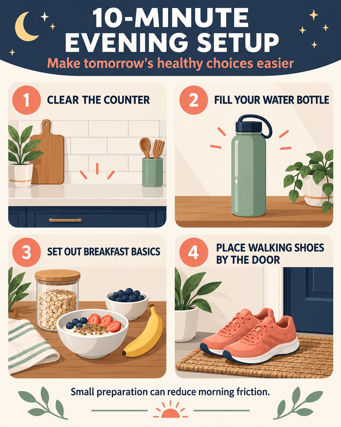 Navy, cream, coral, and sage infographic showing a four-step ten-minute evening setup with a clear counter, water bottle, breakfast bowl, and walking shoes.