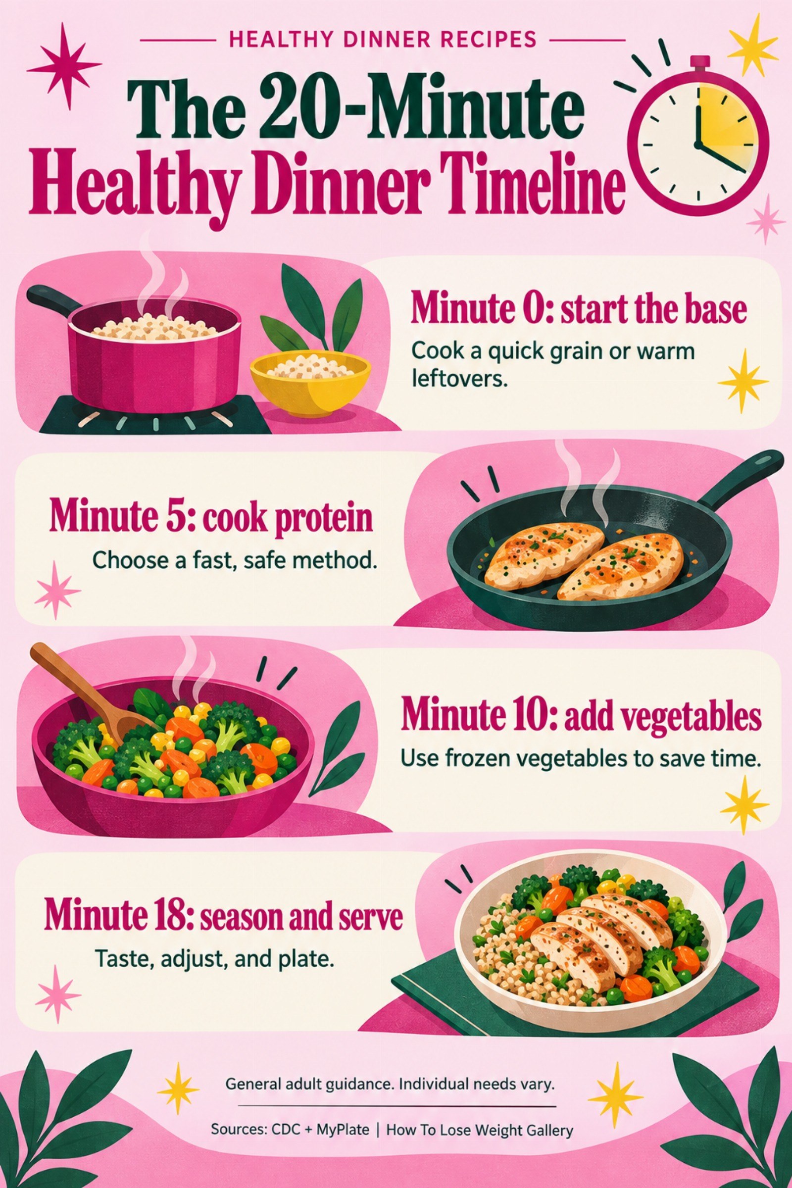 Colorful infographic titled The 20-Minute Healthy Dinner Timeline with four illustrated tips for Healthy Dinner Recipes.