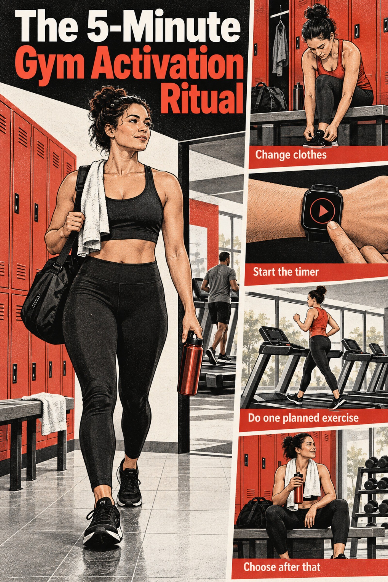 Cinematic locker-room-to-treadmill sequence with five simple checkpoints. The image supports The 5-Minute Gym Activation Ritual.