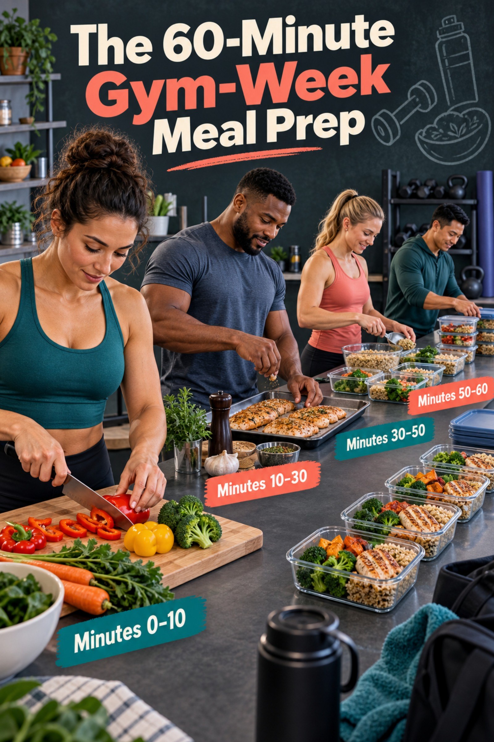 Stopwatch-led kitchen workflow with four preparation stations. The image supports The 60-Minute Gym-Week Meal Prep.
