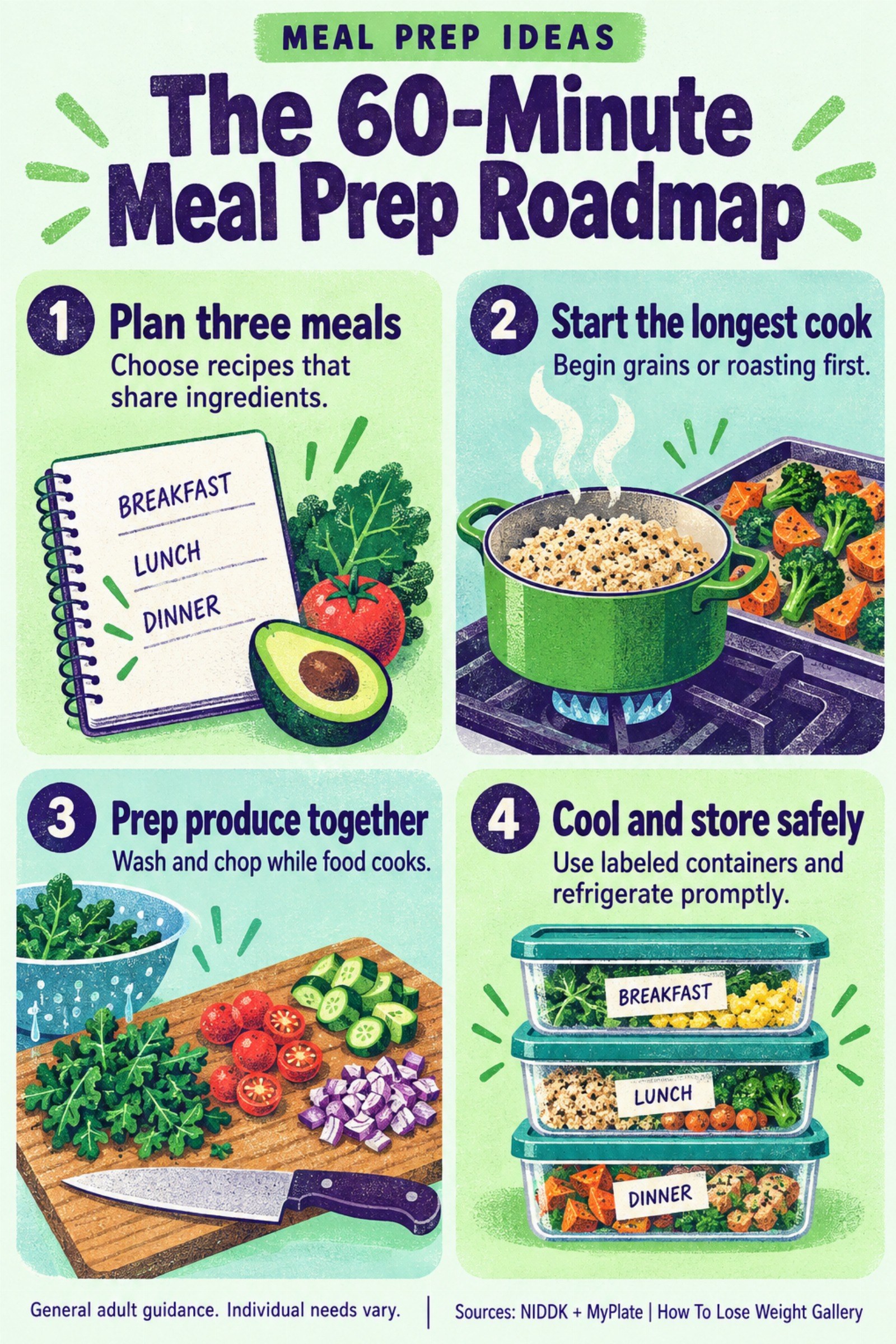 Colorful infographic titled The 60-Minute Meal Prep Roadmap with four illustrated tips for Meal Prep Ideas.
