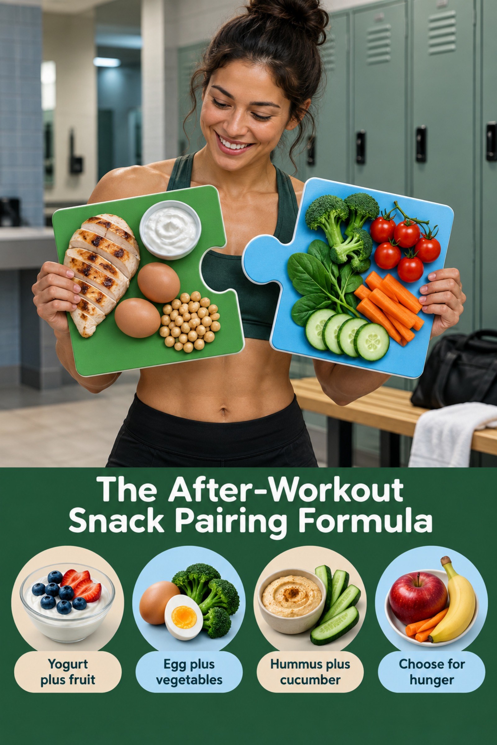 Two-piece puzzle graphic showing protein foods and produce. The image supports The After-Workout Snack Pairing Formula.
