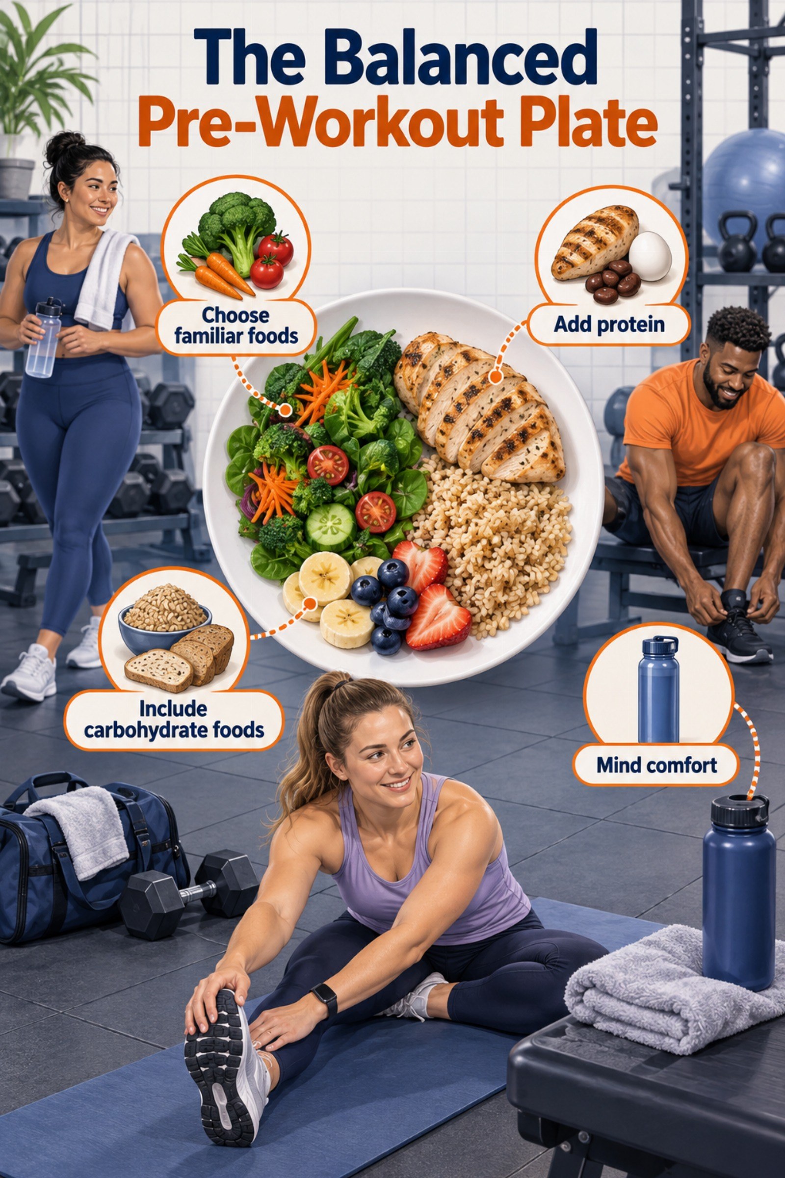Clean plate diagram with vegetables, protein, grain, fruit, and water. The image supports The Balanced Pre-Workout Plate.