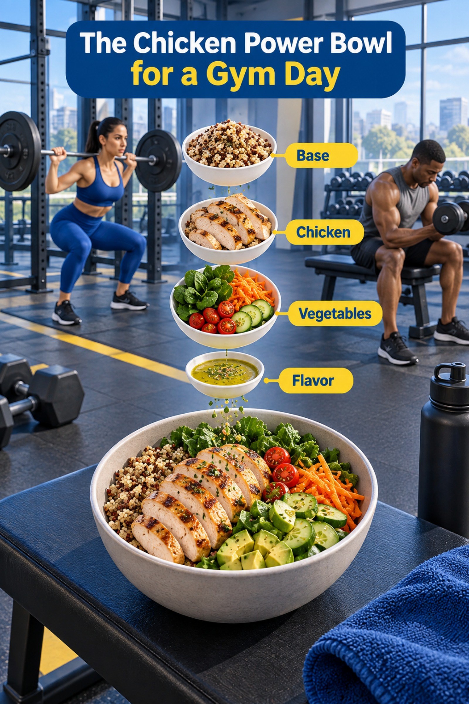 Bright bowl-builder illustration with numbered layers. The image supports The Chicken Power Bowl for a Gym Day.