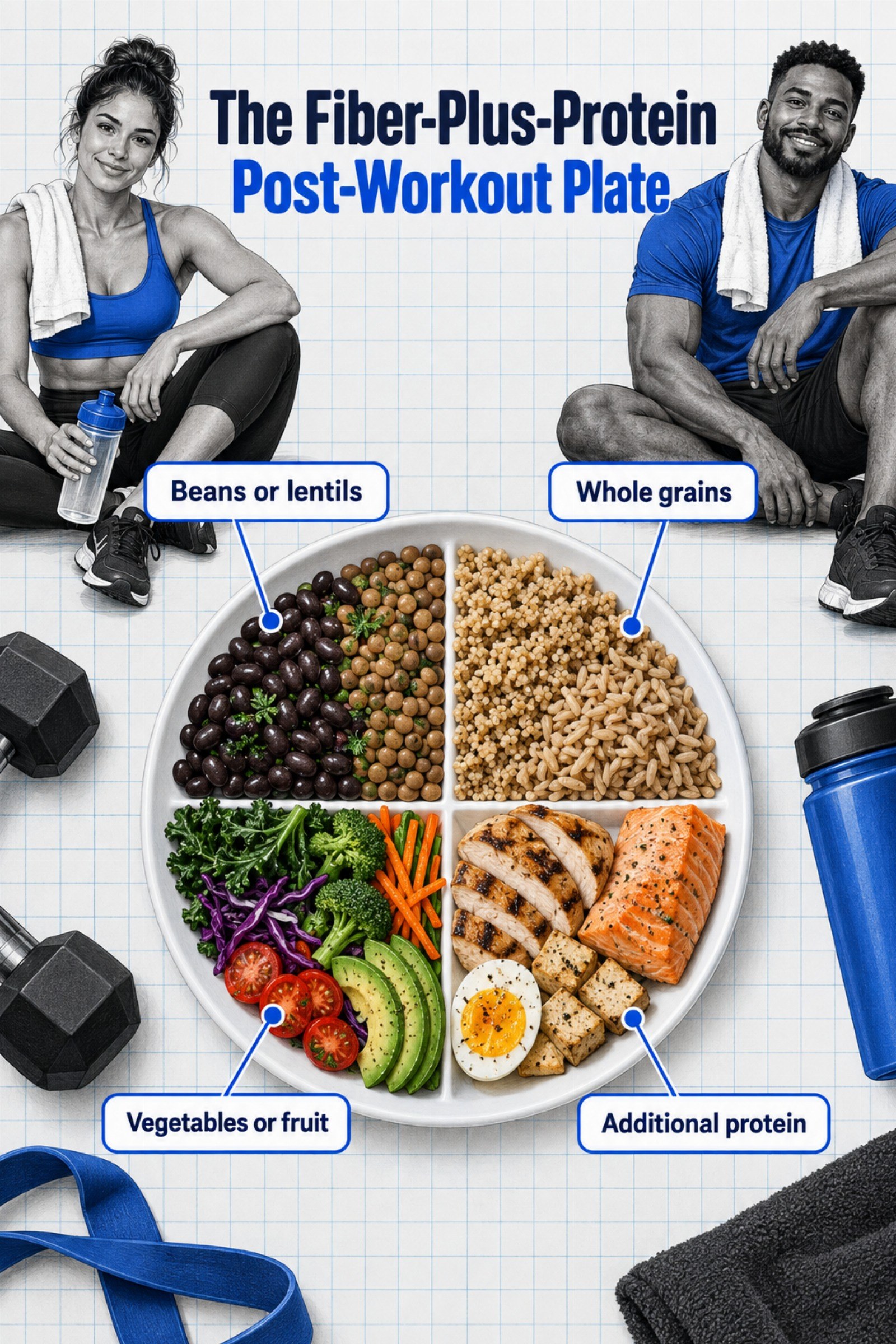 Split plate illustration with beans, whole grains, vegetables, and protein choices. The image supports The Fiber-Plus-Protein Post-Workout Plate.