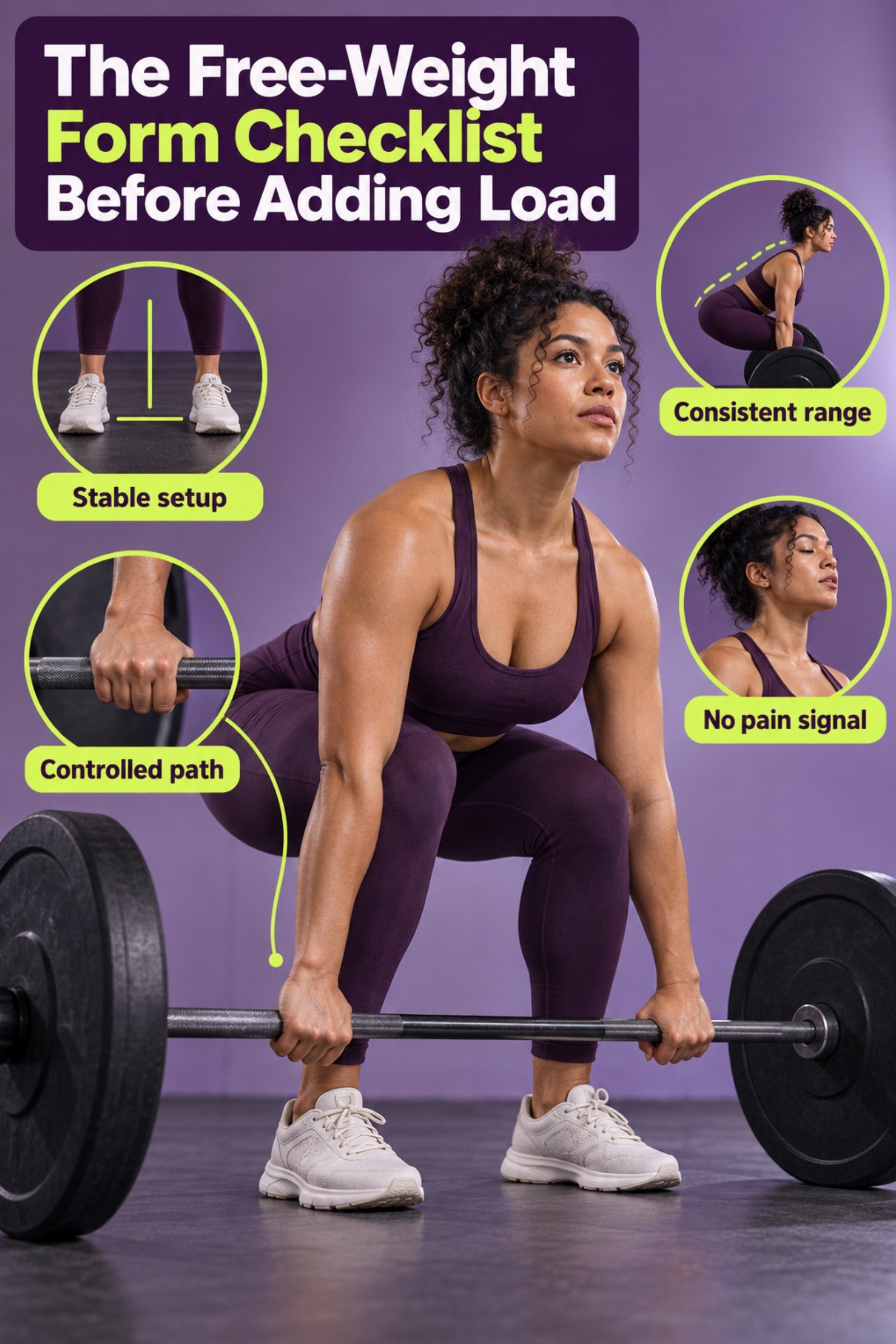 Coach-view training card with stance, grip, path, breathing, and stop cues. The image supports The Free-Weight Form Checklist Before Adding Load.