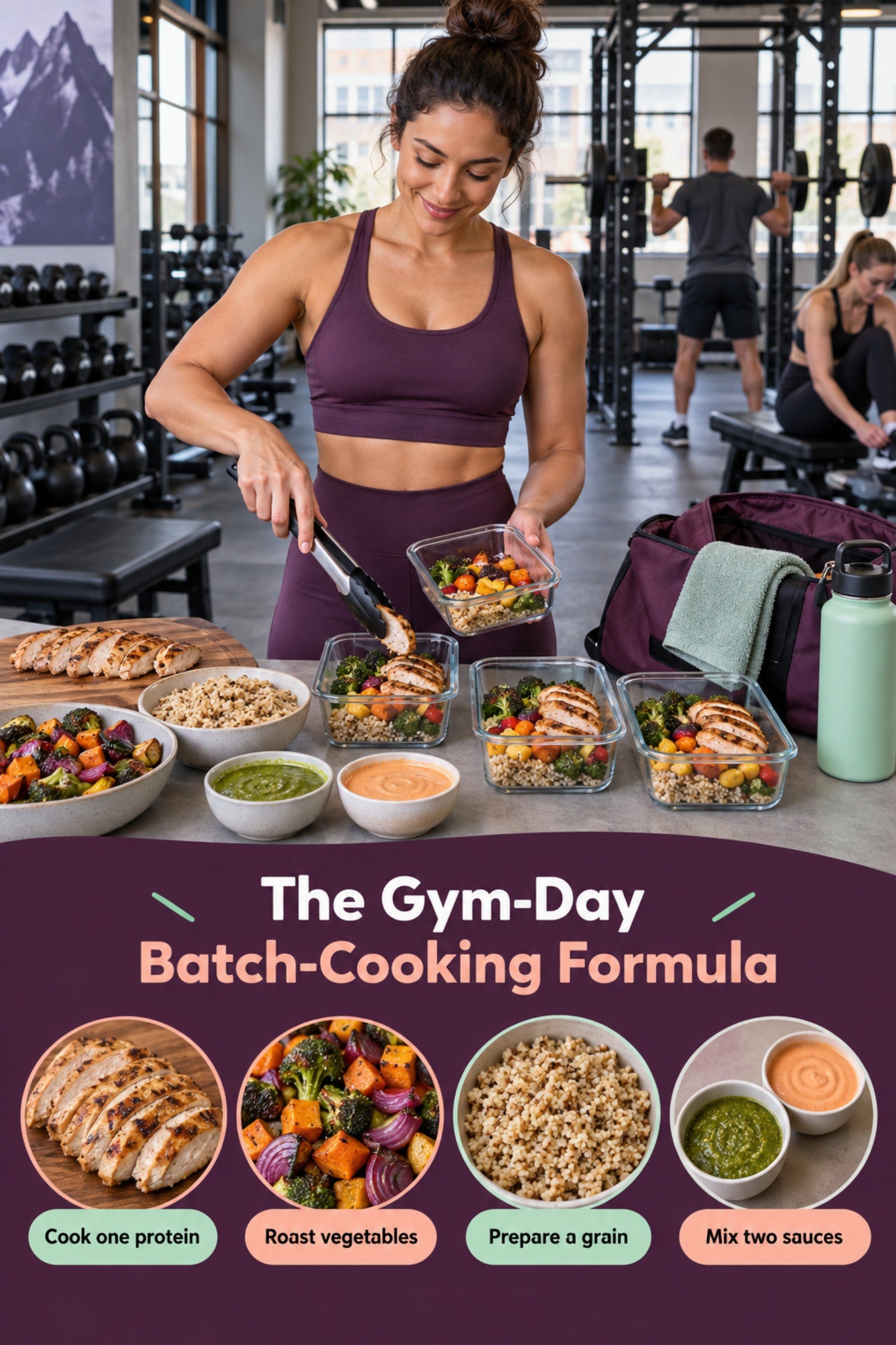 Top-down kitchen and gym-bag storyboard with four batch components. The image supports The Gym-Day Batch-Cooking Formula.