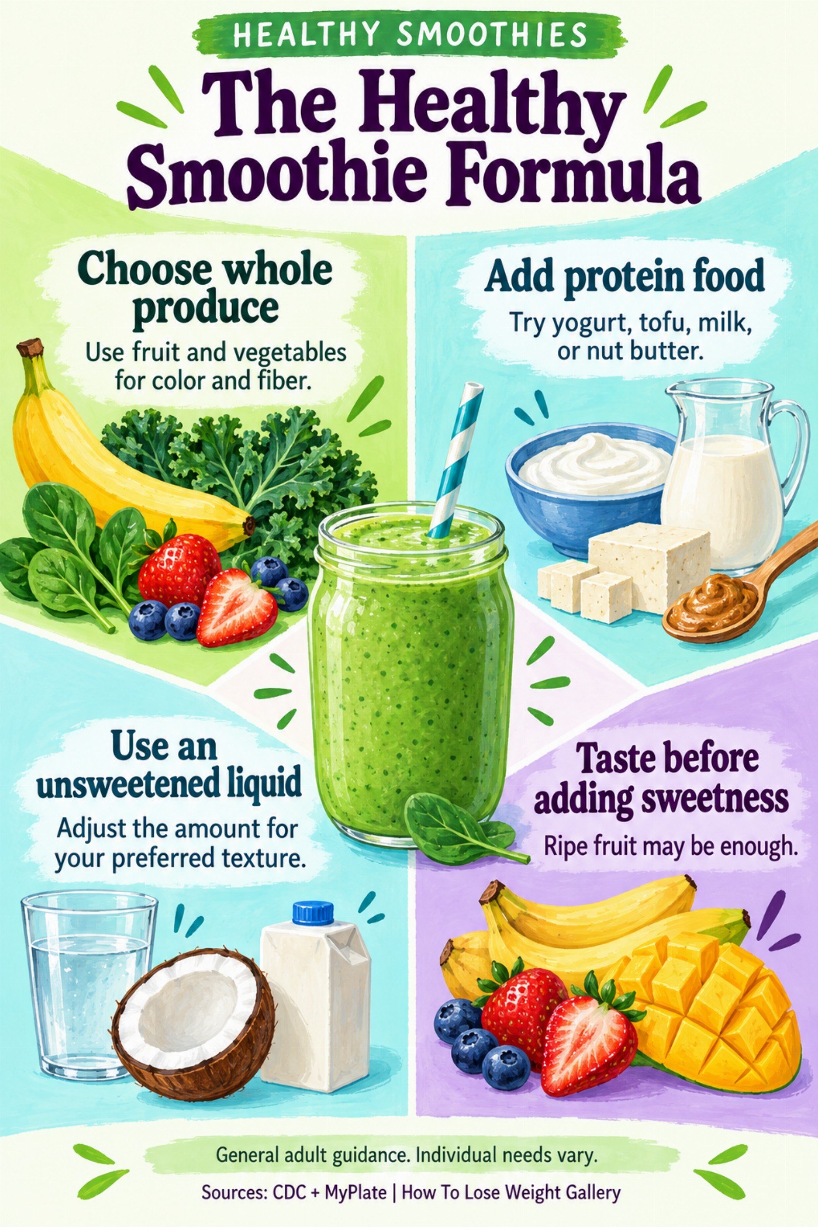 Colorful infographic titled The Healthy Smoothie Formula with four illustrated tips for Healthy Smoothies.