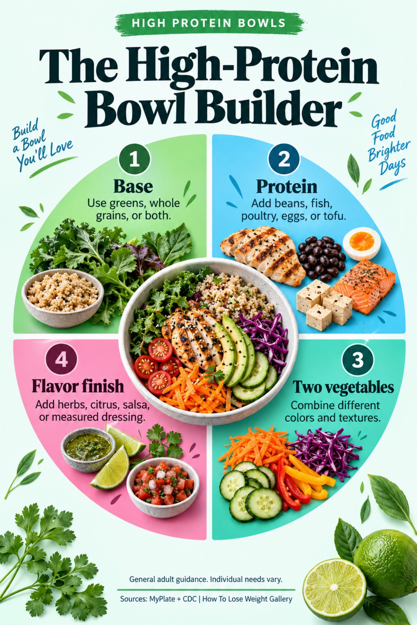 Colorful infographic titled The High-Protein Bowl Builder with four illustrated tips for High Protein Bowls.