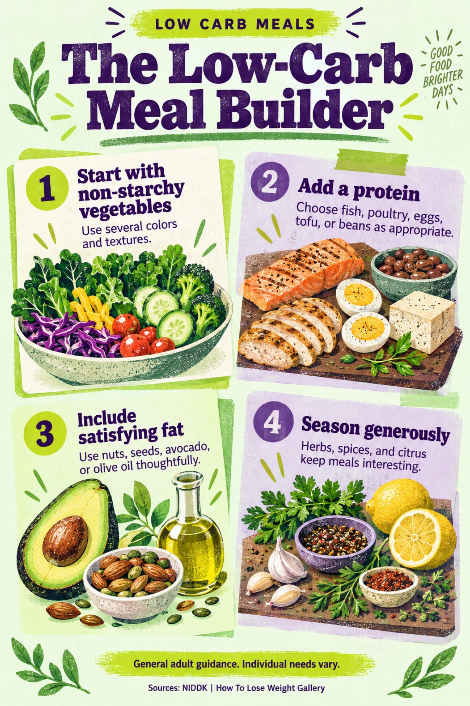 Colorful infographic titled The Low-Carb Meal Builder with four illustrated tips for Low Carb Meals.