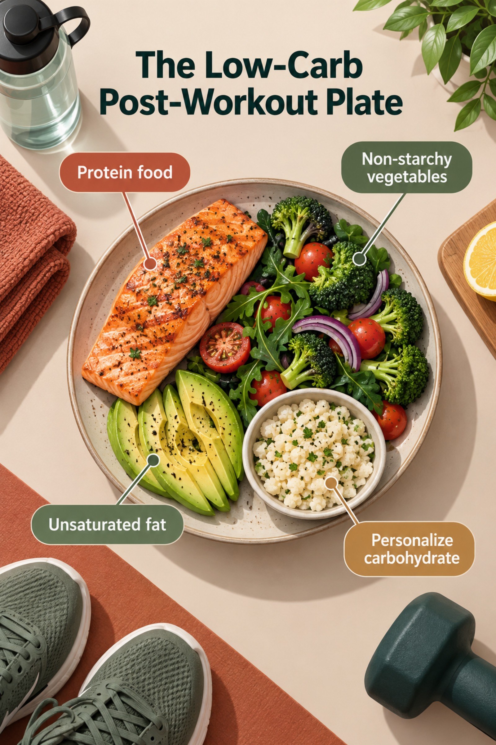Plate diagram with salmon or tofu, vegetables, and optional carbohydrate side. The image supports The Low-Carb Post-Workout Plate.