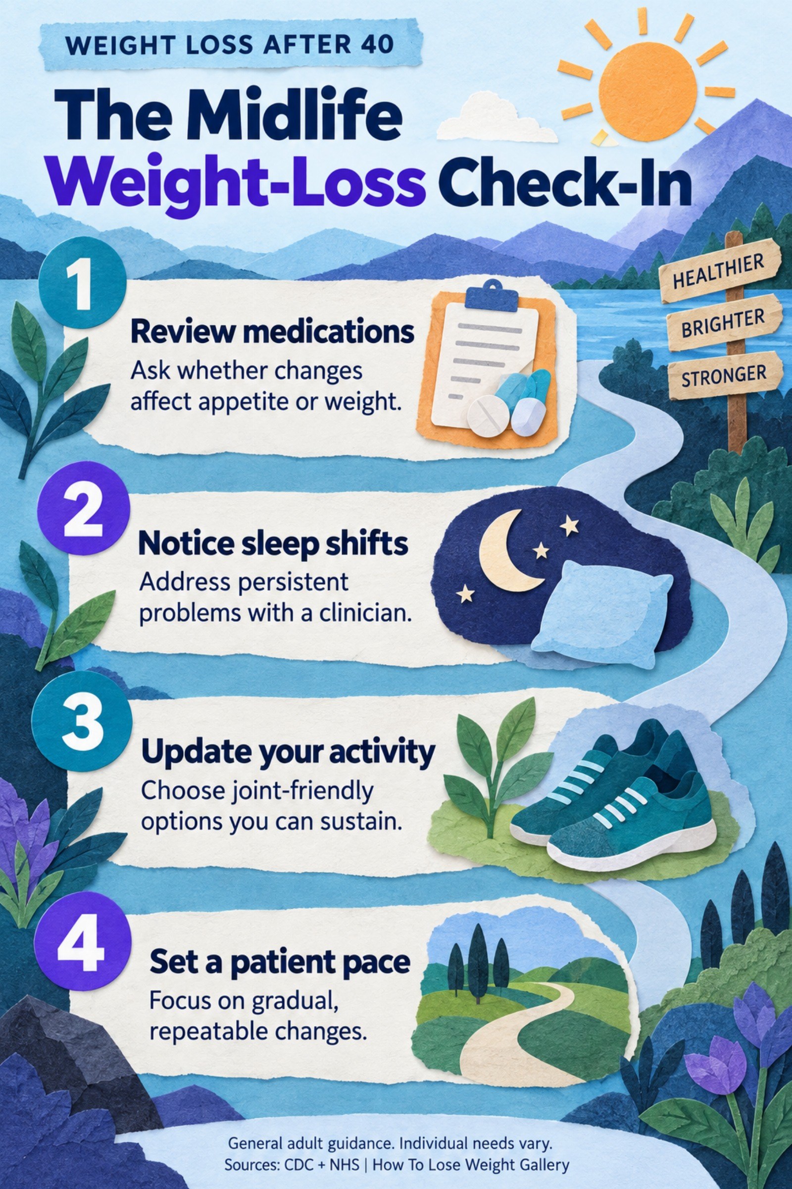 Colorful infographic titled The Midlife Weight-Loss Check-In with four illustrated tips for Weight Loss After 40.