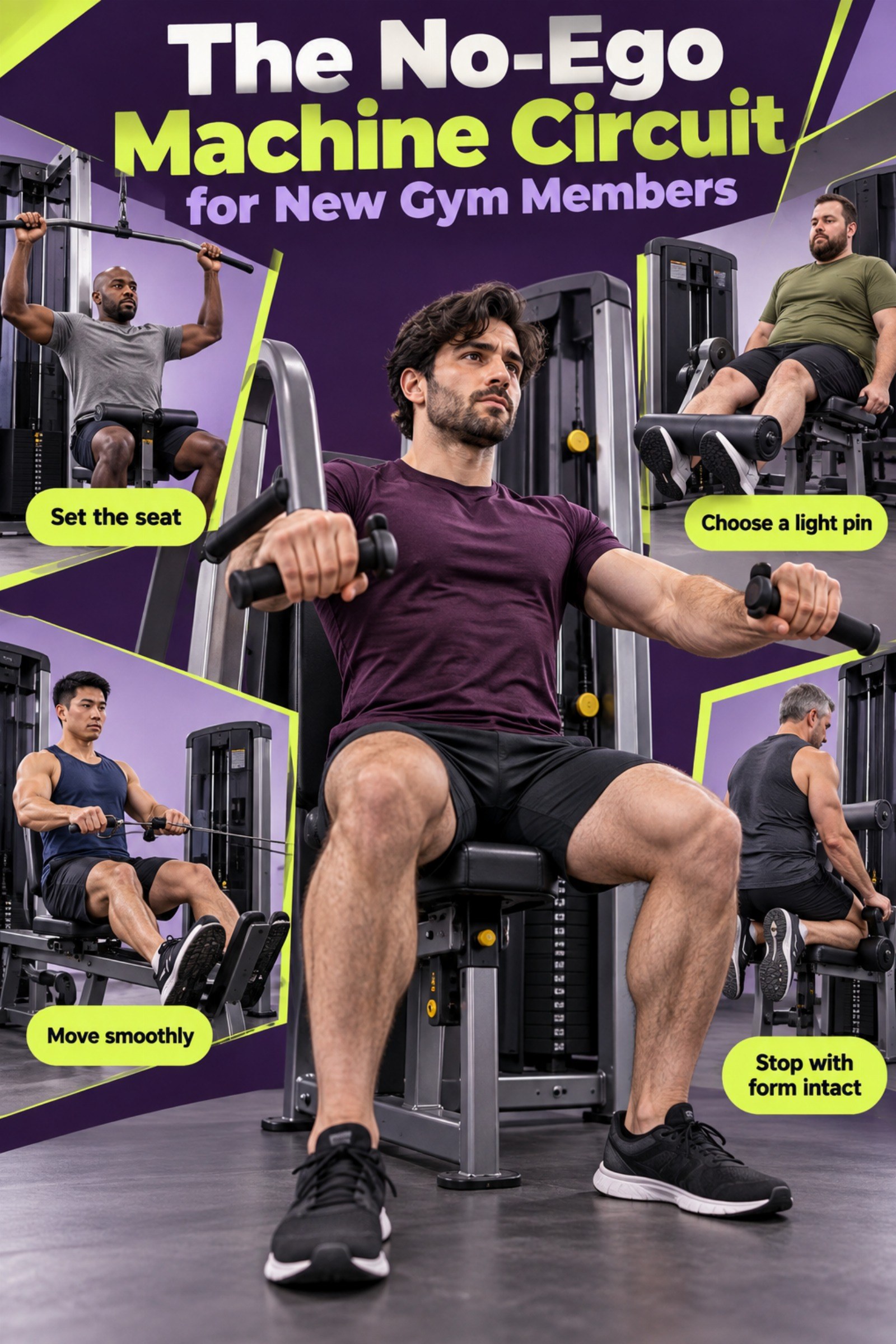 Graphic-novel style circuit around five selectorized machines. The image supports The No-Ego Machine Circuit for New Gym Members.