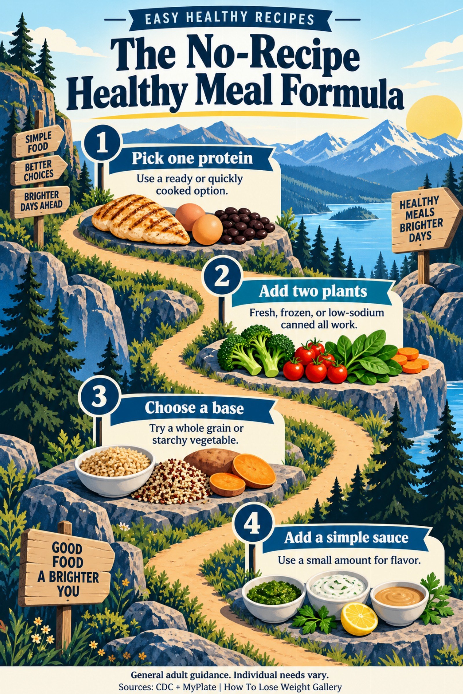 Colorful infographic titled The No-Recipe Healthy Meal Formula with four illustrated tips for Easy Healthy Recipes.