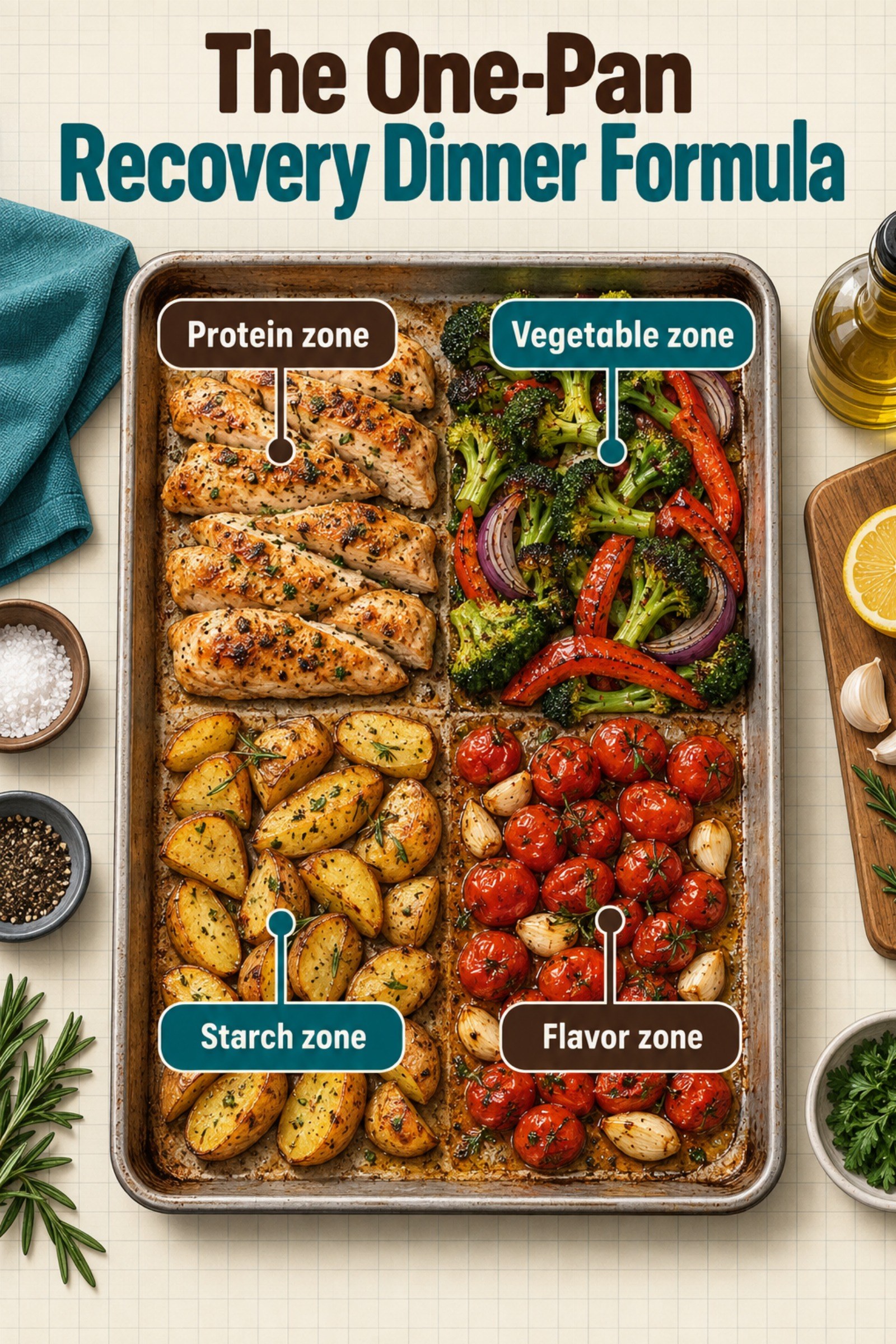 Overhead sheet-pan diagram with four cooking zones. The image supports The One-Pan Recovery Dinner Formula.