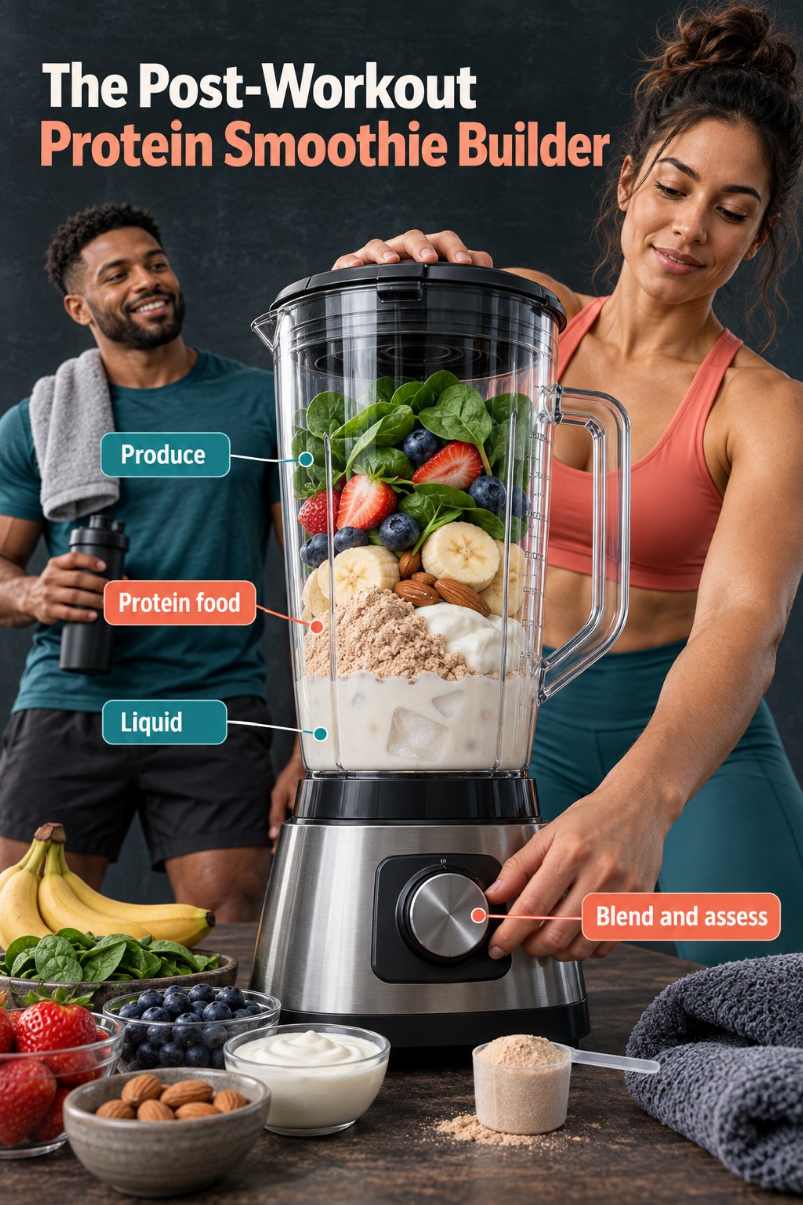 Transparent blender diagram with ingredient layers and a gym towel. The image supports The Post-Workout Protein Smoothie Builder.