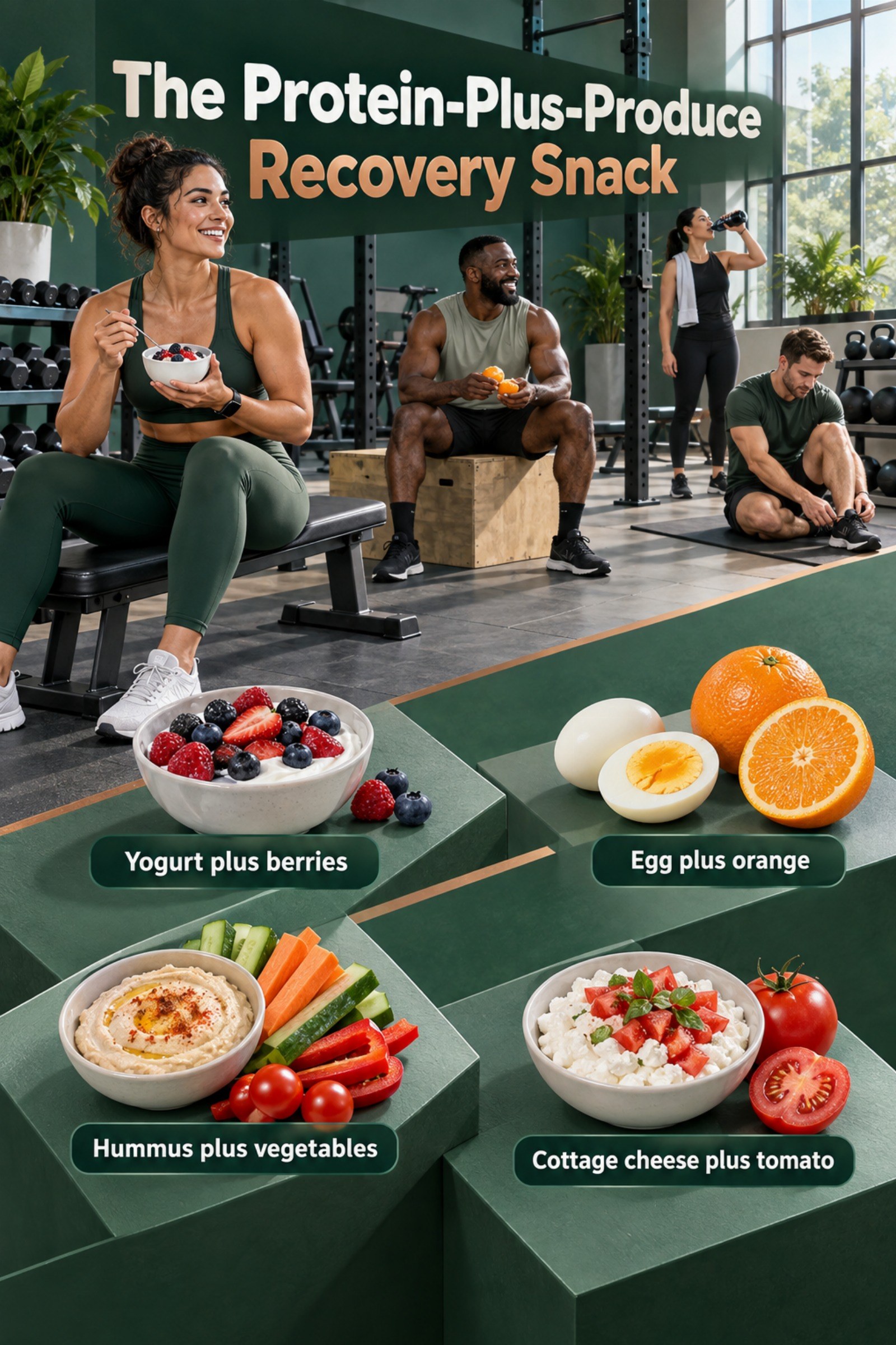Simple formula poster showing four interchangeable snack pairings. The image supports The Protein-Plus-Produce Recovery Snack.