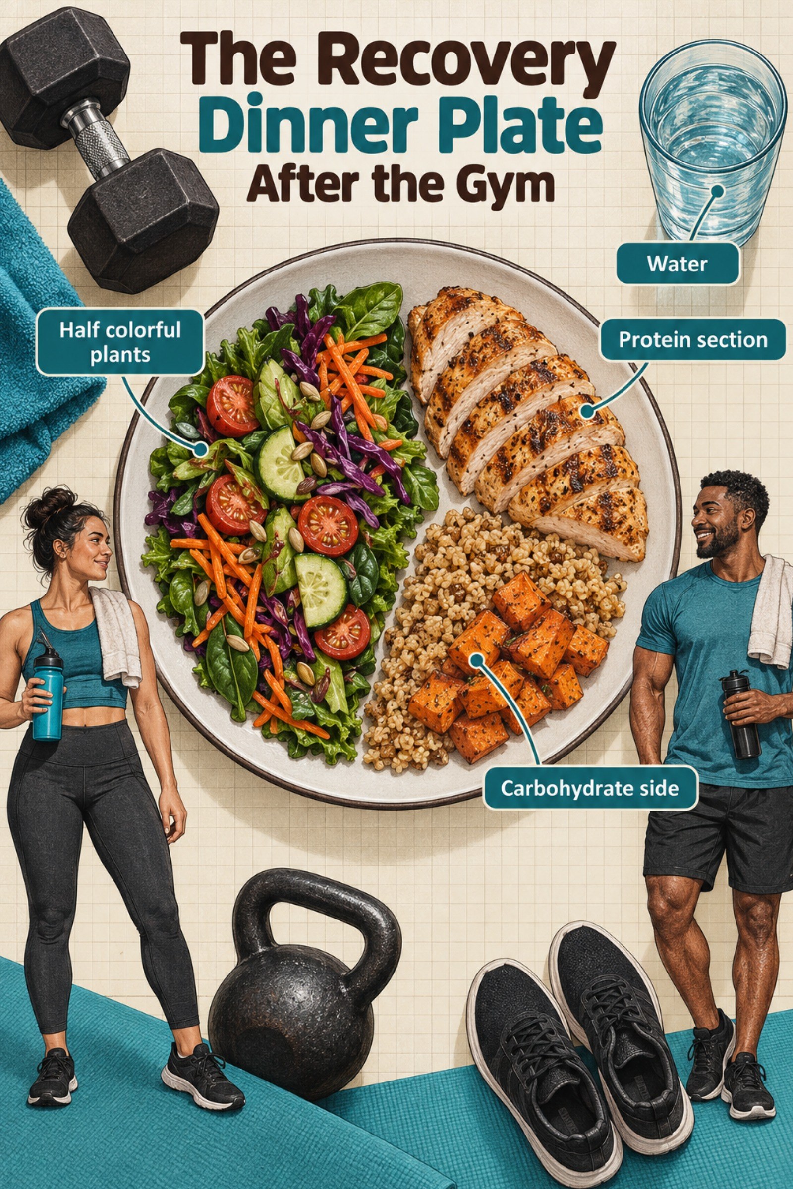Restaurant-style plate diagram with clear food sections and hydration. The image supports The Recovery Dinner Plate After the Gym.