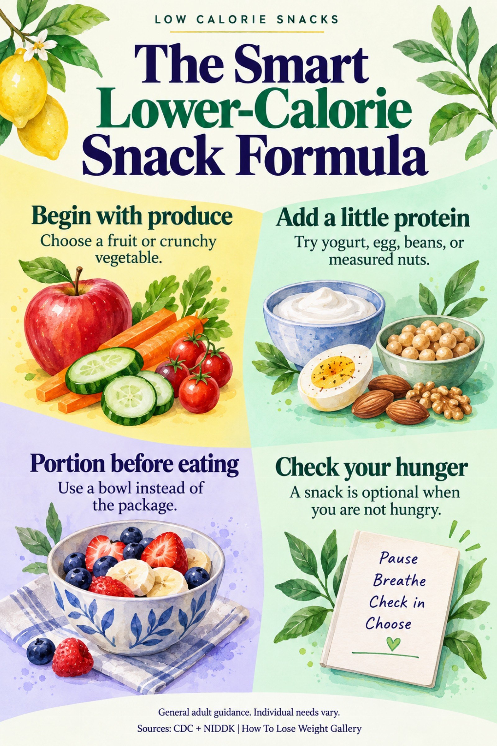 Colorful infographic titled The Smart Lower-Calorie Snack Formula with four illustrated tips for Low Calorie Snacks.