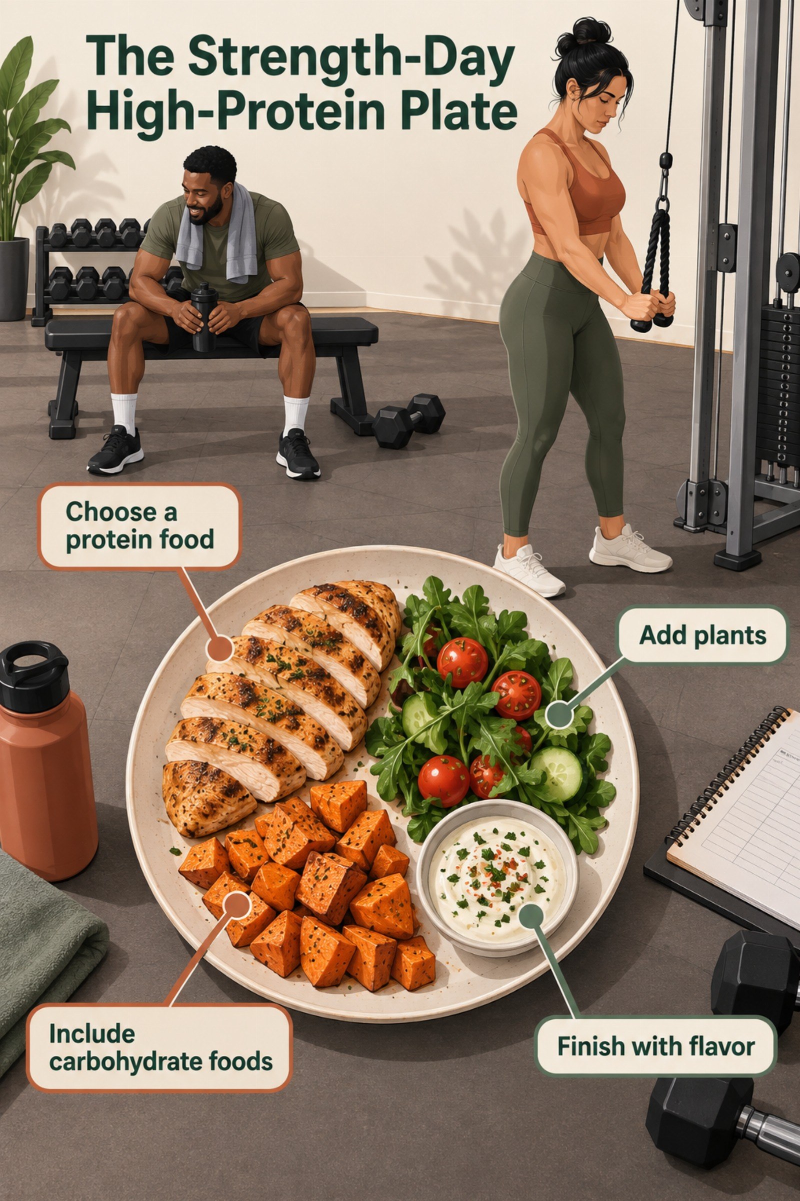 Exploded plate diagram beside a cable machine and training log. The image supports The Strength-Day High-Protein Plate.