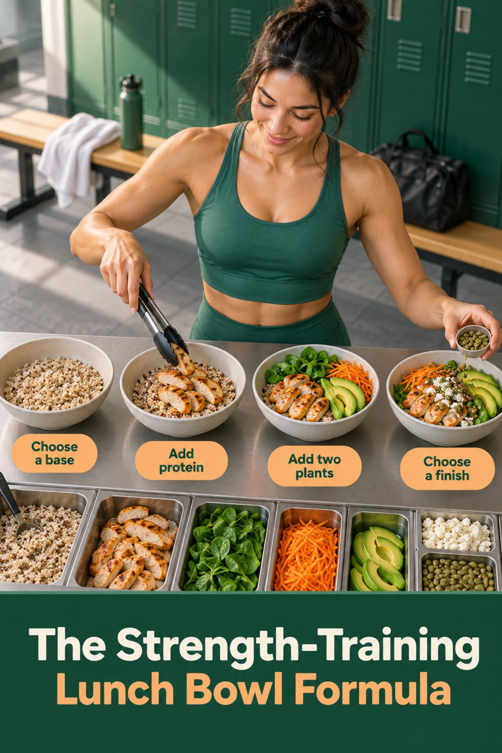 Isometric bowl assembly line from base to protein and toppings. The image supports The Strength-Training Lunch Bowl Formula.